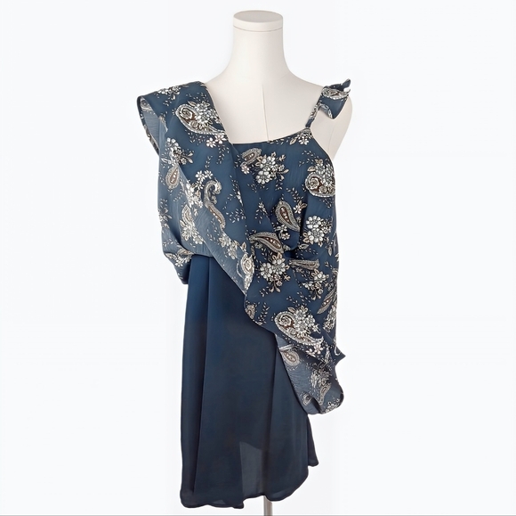 J.O.A. Navy Paisley Mini Dress Ruffle Strap Lace-Up Corset Sleeveless S Blue - Picture 8 of 8